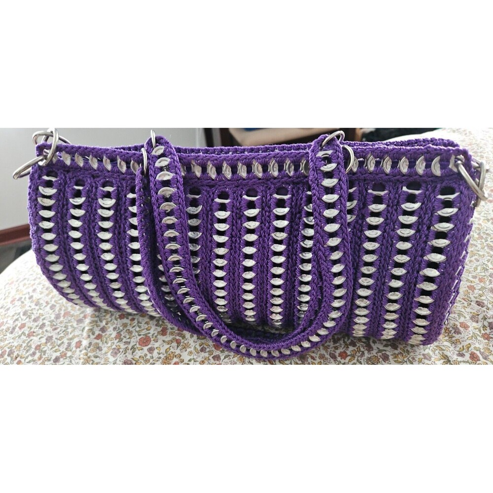 $128 Rare 14X7x5 Upcycled Purple Barrel Handbag Pop Tabs Soda Purse Shoulder Bag